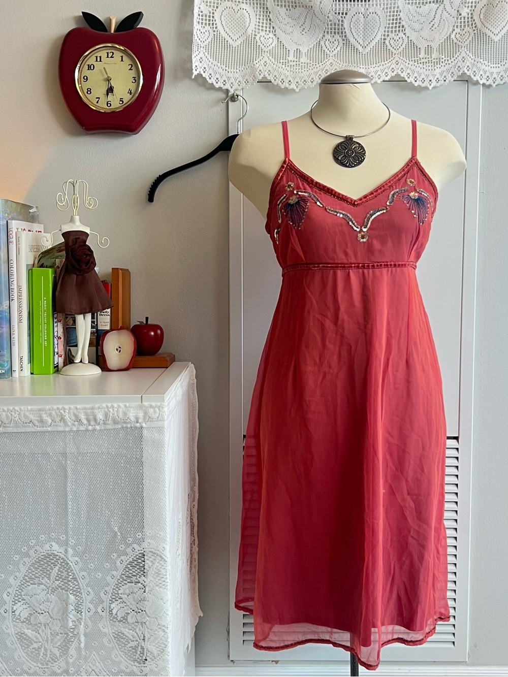 Vintage Coral babydoll pink fairy dress with beaded sequin butterfly details